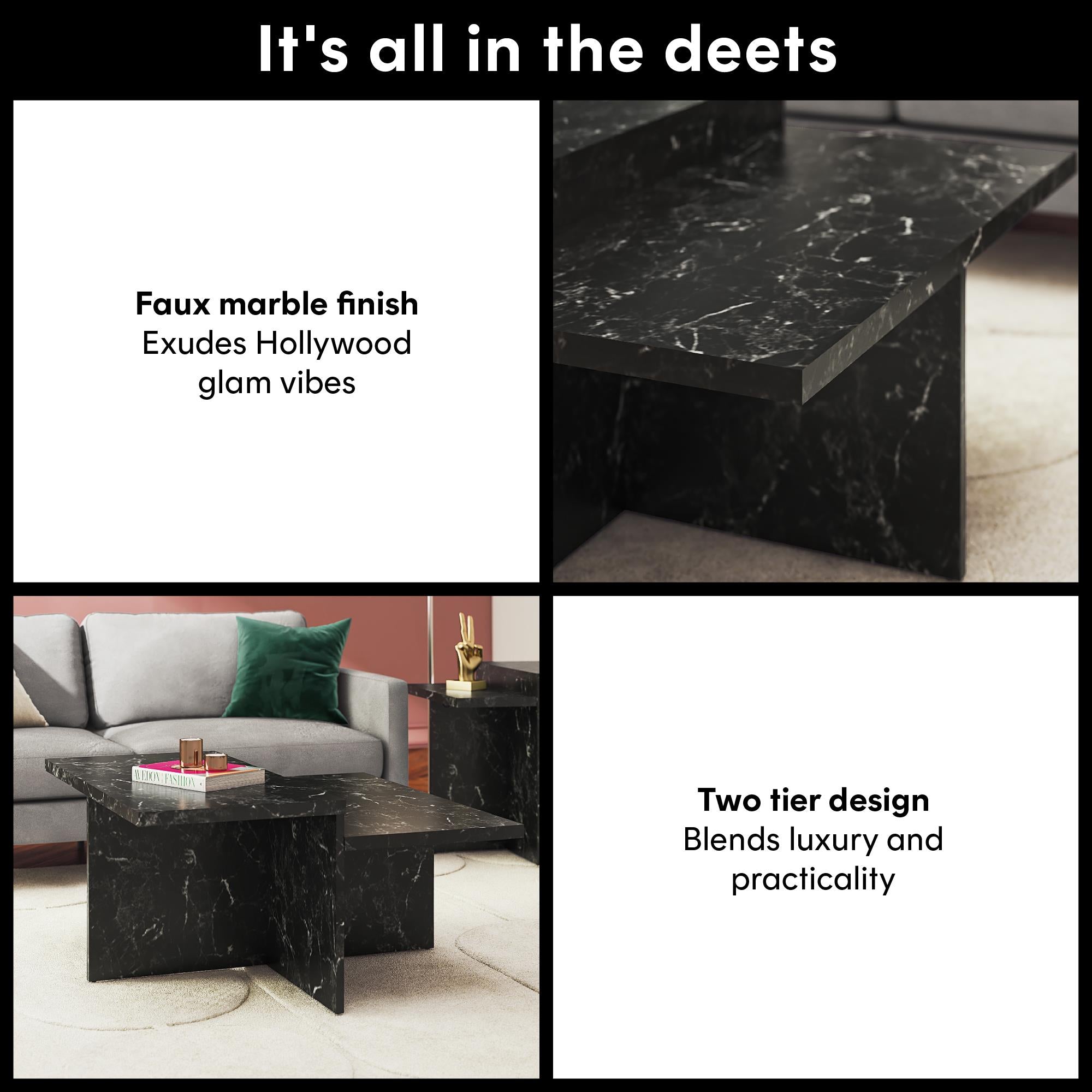 CosmoLiving Brielle Two-Tiered Coffee Table, Faux Black Marble - Black Marble