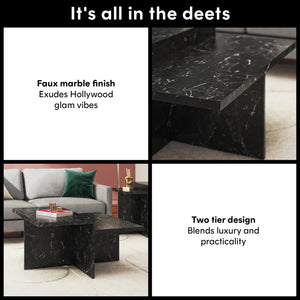 CosmoLiving Brielle Two-Tiered Coffee Table, Faux Black Marble - Black Marble