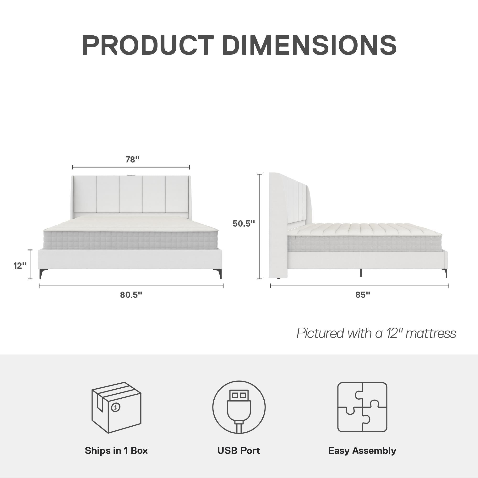 DHP Lamora Upholstered Wingback Bed Frame with USB - Light Gray - King
