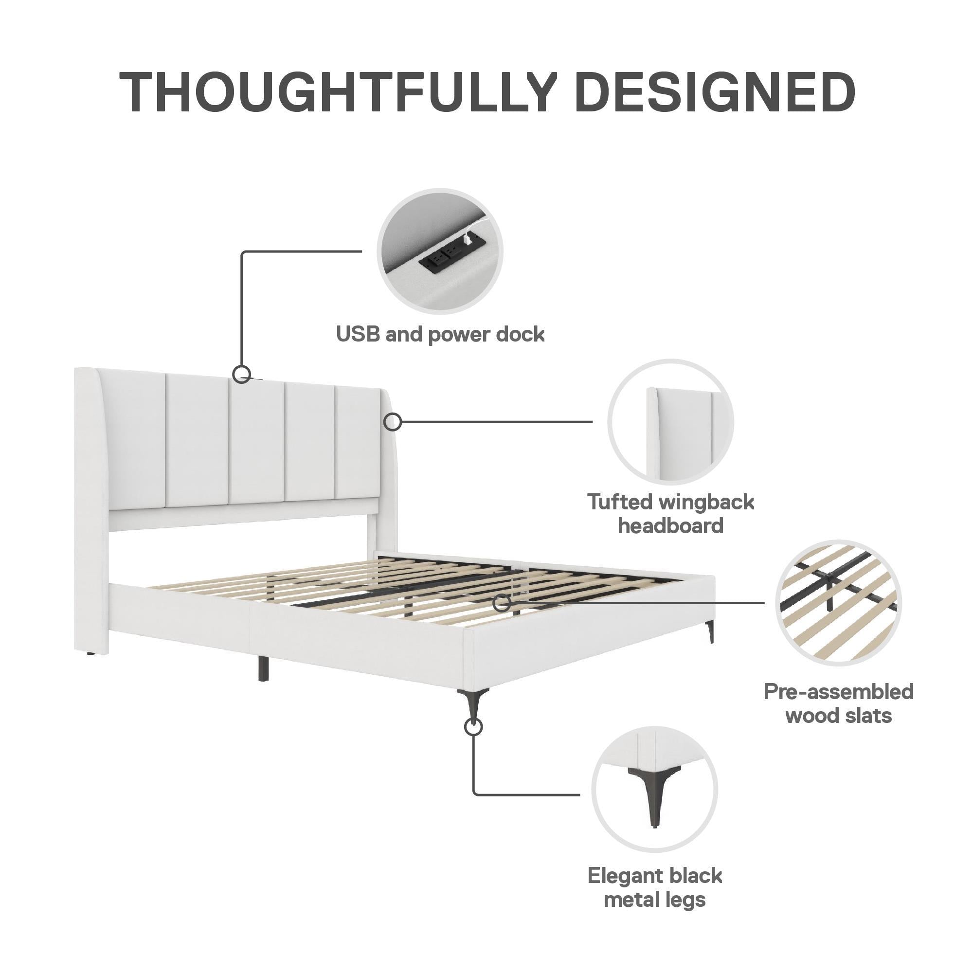 DHP Lamora Upholstered Wingback Bed Frame with USB - Light Gray - King