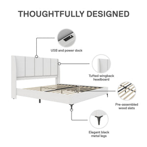 DHP Lamora Upholstered Wingback Bed Frame with USB - Light Gray - King