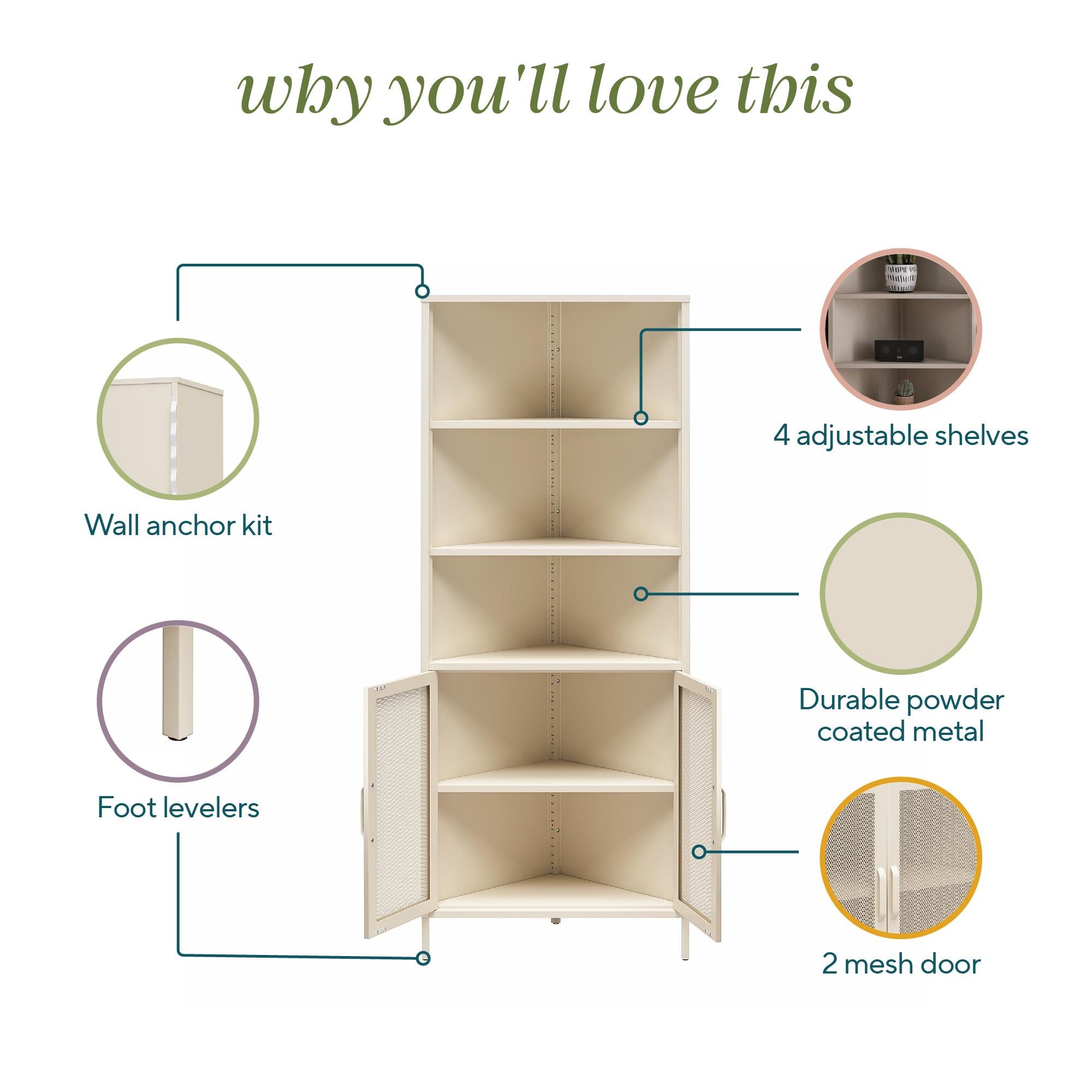 Novogratz Channing Corner Storage Cabinet with 2 Doors - Parchment