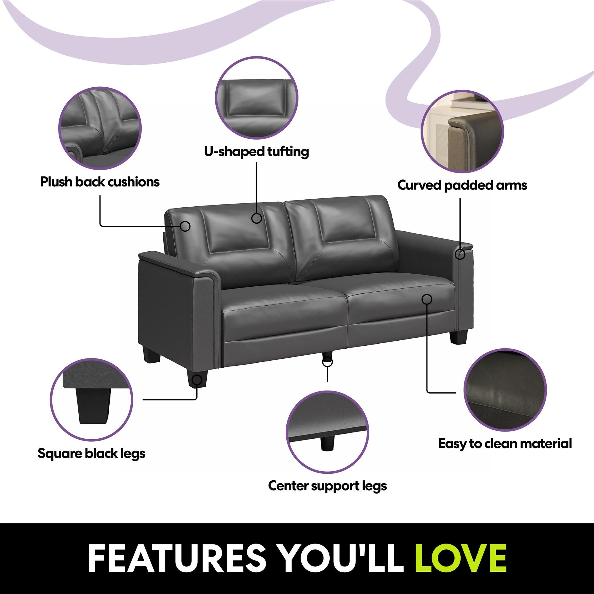 LikeHome Brodie 75.5" Upholstered Sofa - Charcoal Faux Leather - 3-Seater