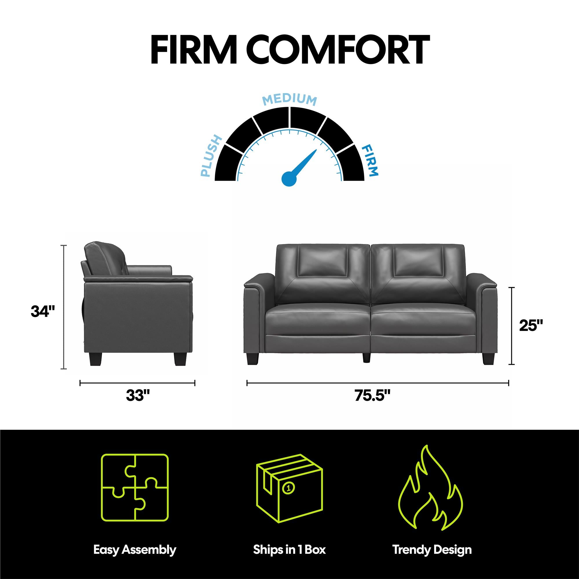 LikeHome Brodie 75.5" Upholstered Sofa - Charcoal Faux Leather - 3-Seater