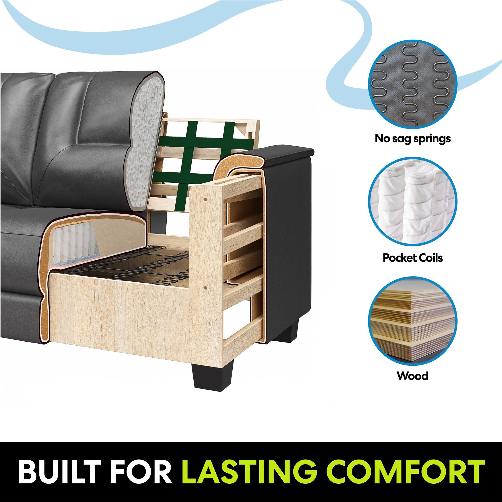 LikeHome Brodie 75.5" Upholstered Sofa - Charcoal Faux Leather - 3-Seater