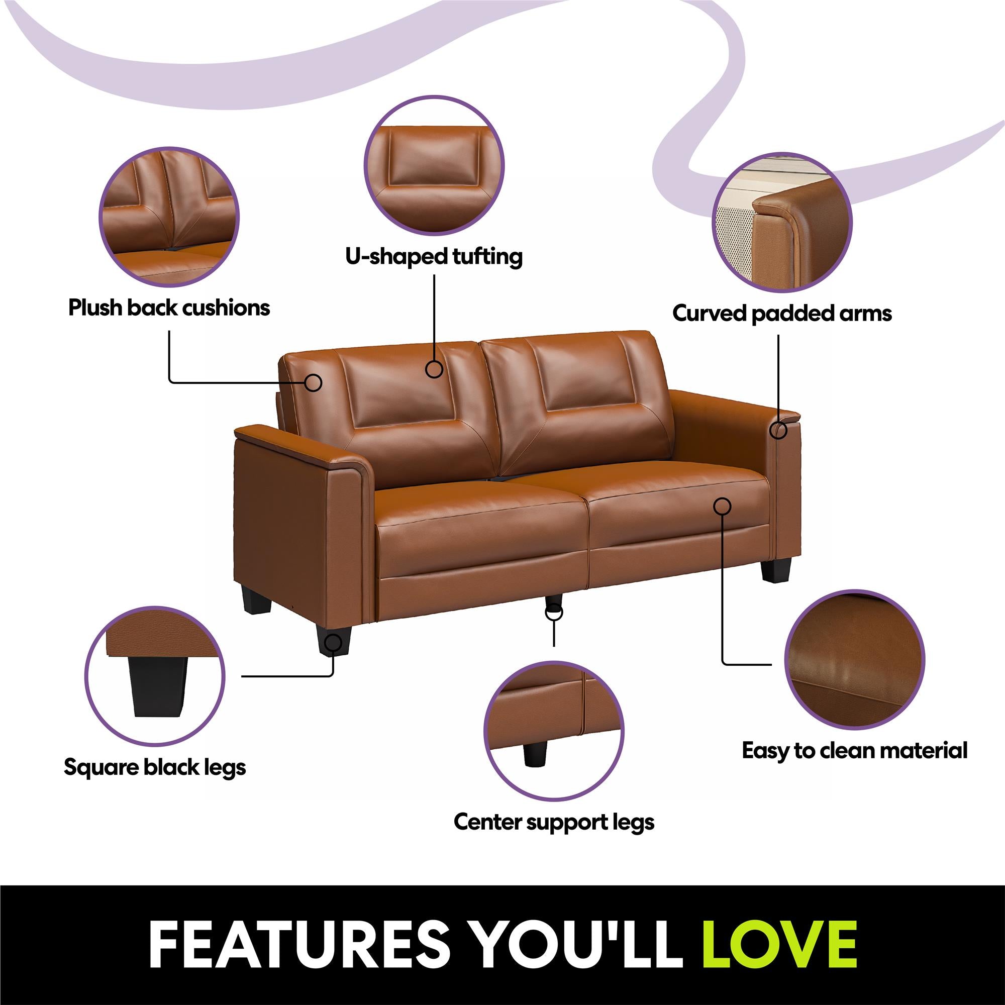 LikeHome Brodie 75.5" Upholstered Sofa - Brown Faux Leather - 3-Seater
