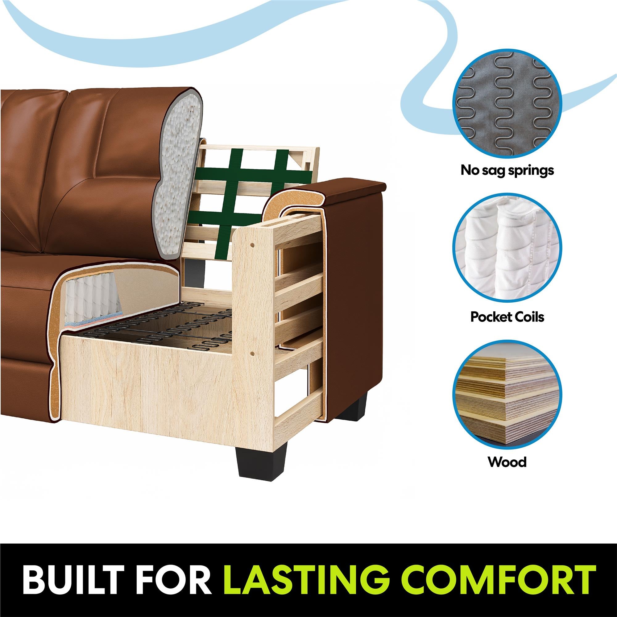 LikeHome Brodie 75.5" Upholstered Sofa - Brown Faux Leather - 3-Seater