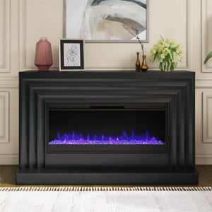 CosmoLiving Rene Electric Fireplace Mantel 65" TV Stand with Multi-Color Flame and Crystal Ember Bed - Black