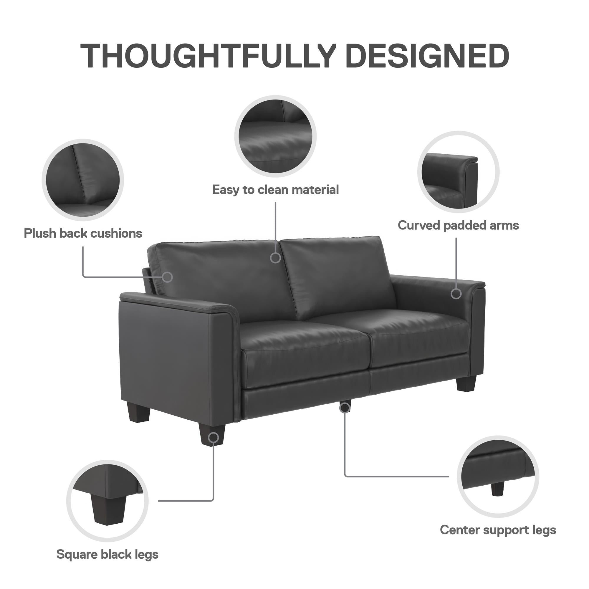 DHP Colton 75.5" Upholstered Sofa - Charcoal Faux Leather - 3-Seater