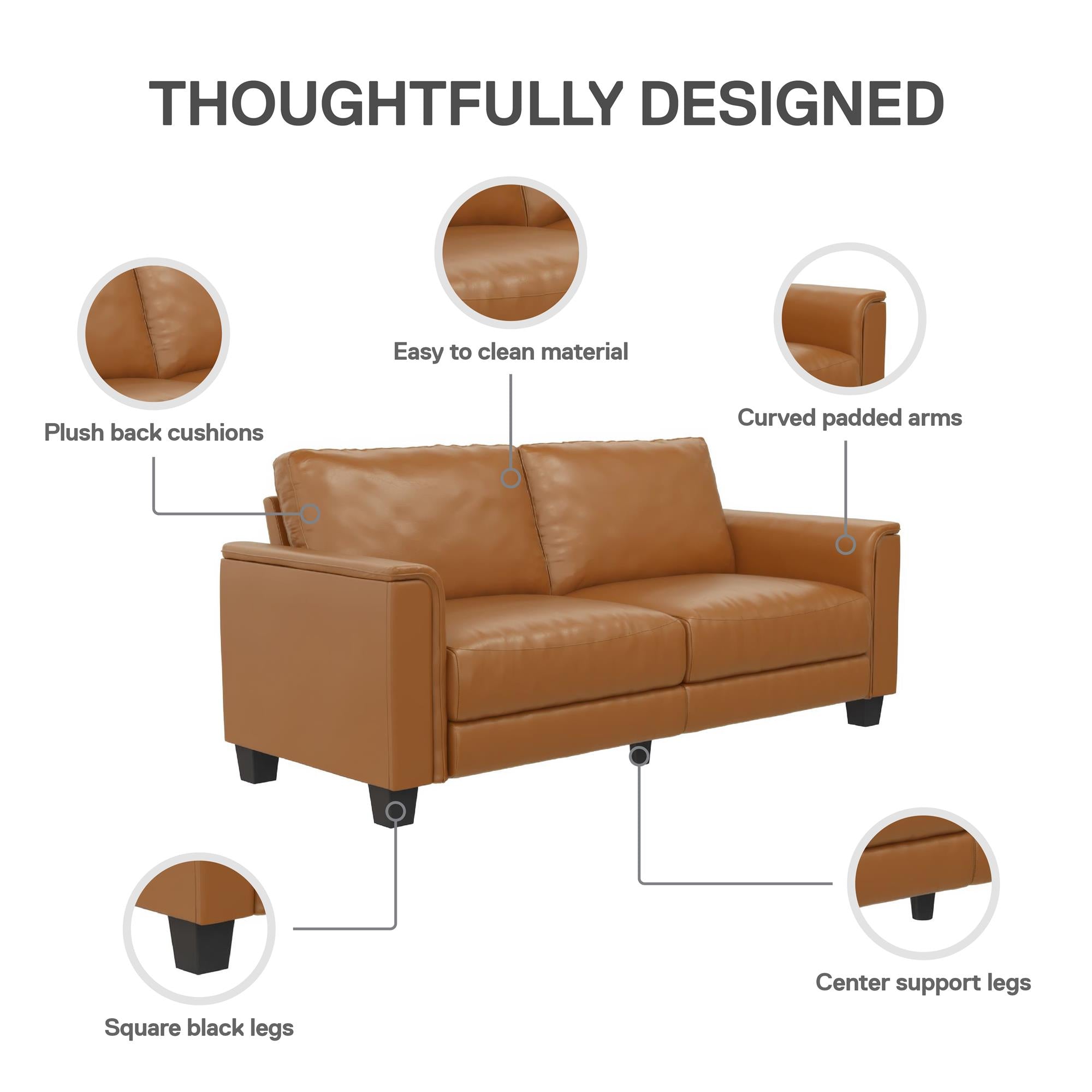 DHP Colton 75.5" Upholstered Sofa - Camel Faux Leather - 3-Seater