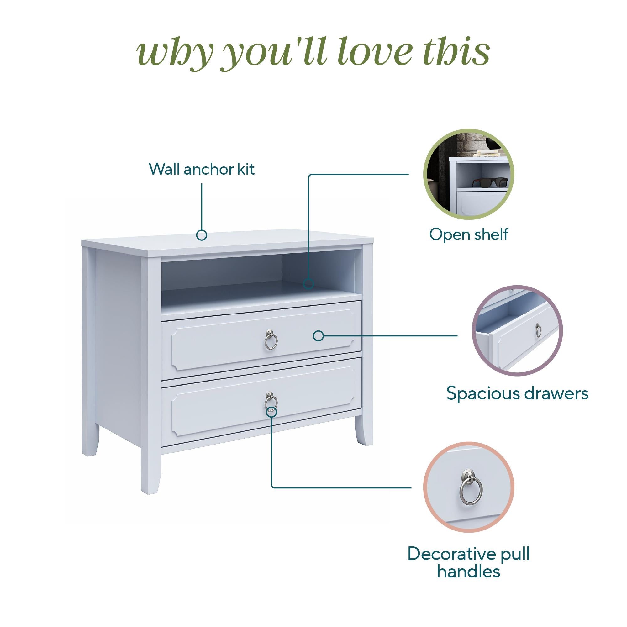 Novogratz Her Majesty 2-Drawer Nightstand, Powder Blue - Powder Blue