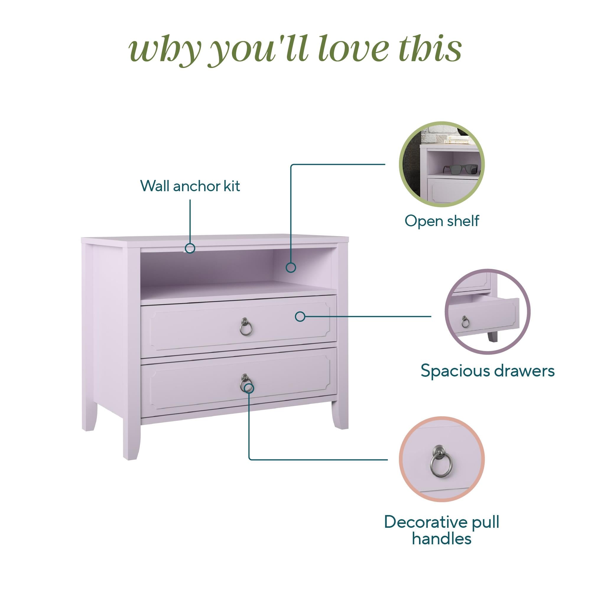 Novogratz Her Majesty 2 Drawer Nightstand - Lavender