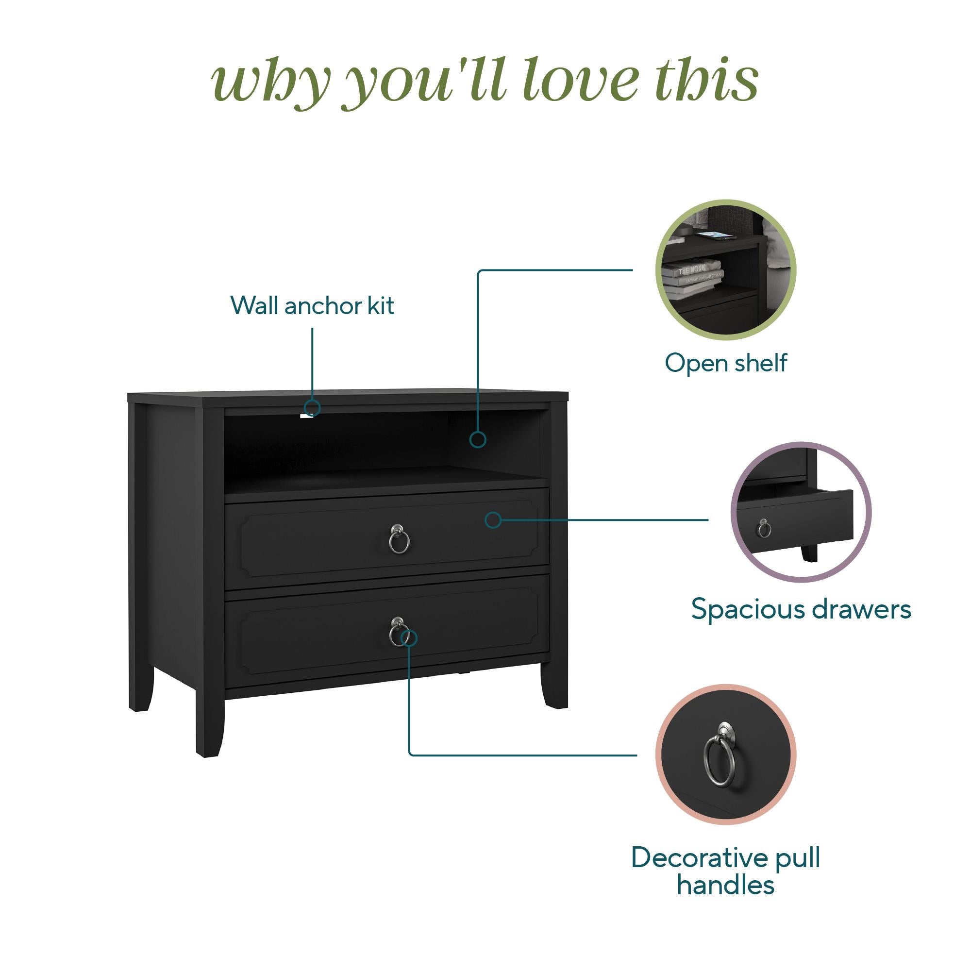 Novogratz Her Majesty 2 Drawer Nightstand - Black