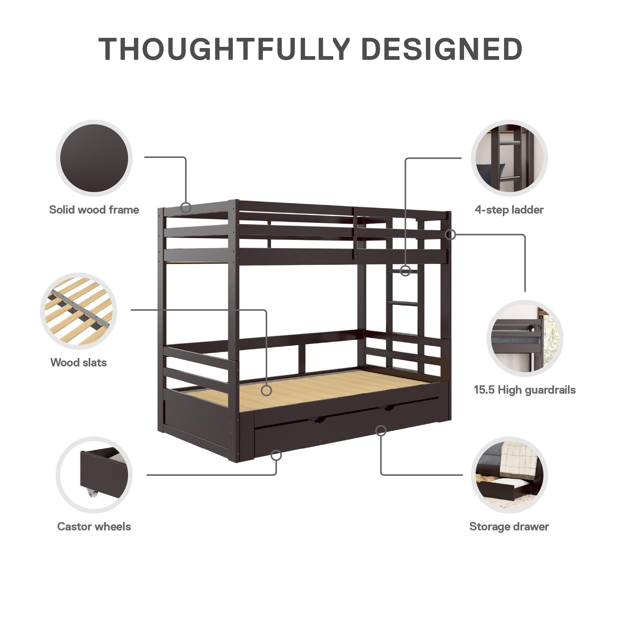 DHP Rhodes Twin over Twin/King Wood Bunk Bed with Storage - Brown - Twin-Over-Twin