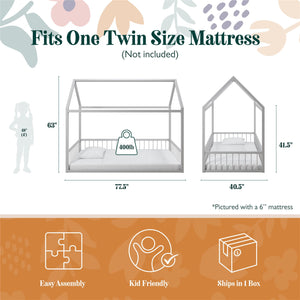 Max & Finn Skyler Metal House Bed with Rail - Dove Gray - Twin