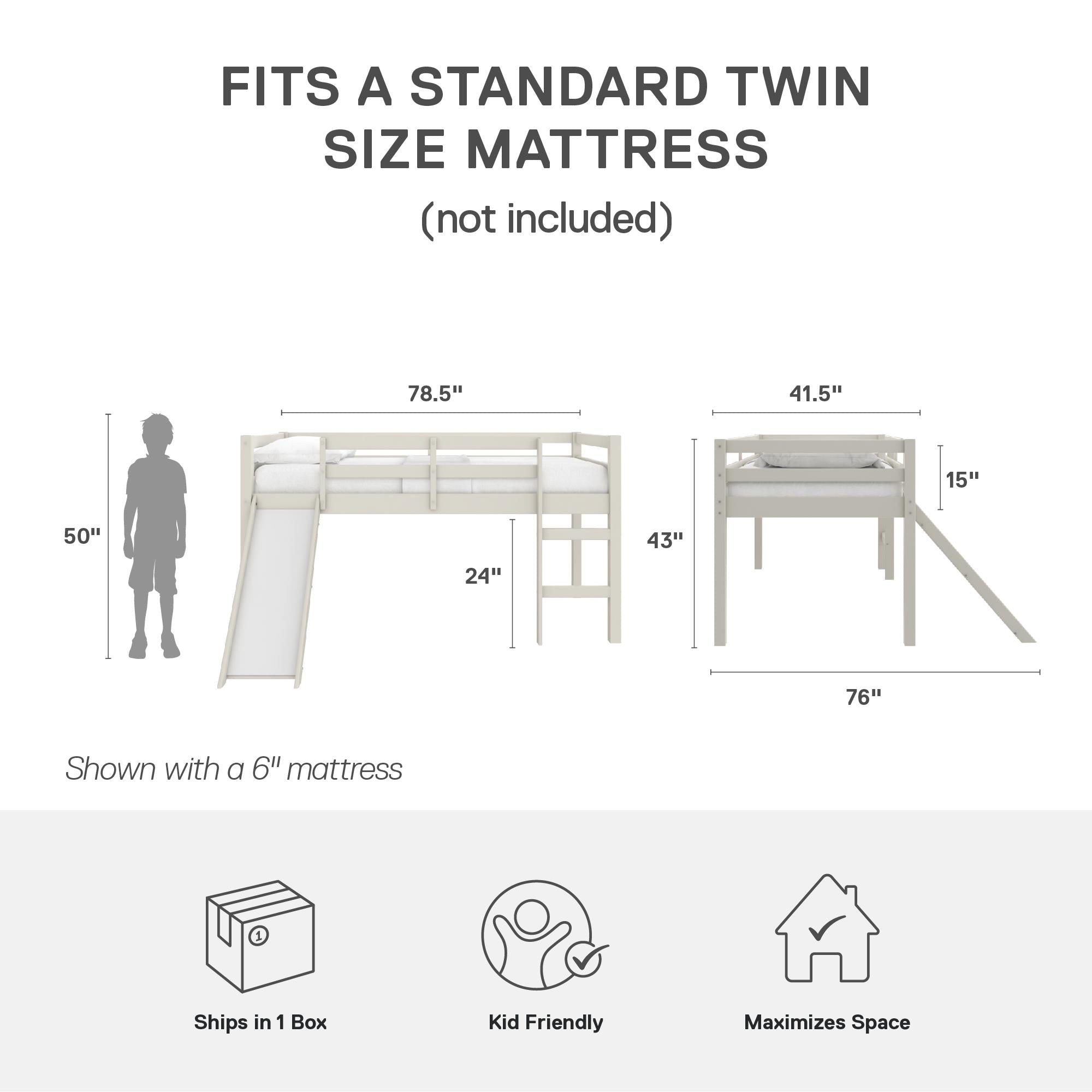 DHP Milton Kids' Low Loft Bed with Slide - White - Twin
