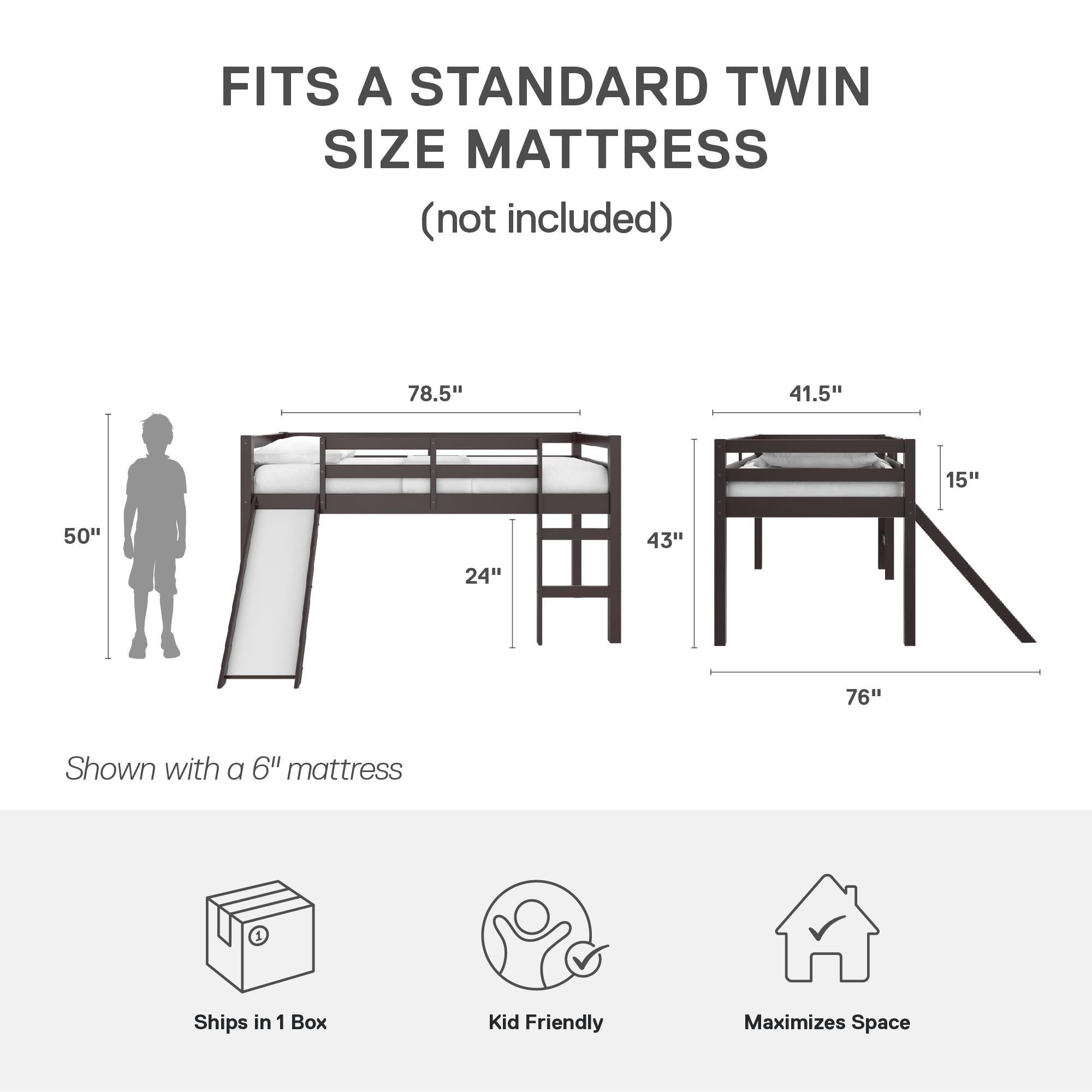 DHP Milton Kids' Low Loft Bed with Slide - Brown - Twin