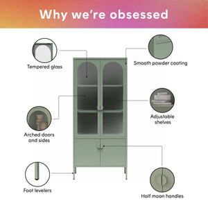 CosmoLiving Chloe Tall Metal Display Cabinet with 2 Arched Glass Doors - Pale Green - Tall