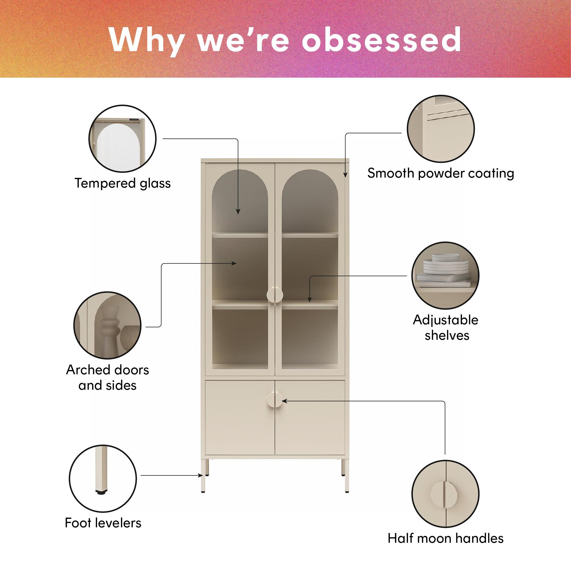 CosmoLiving Chloe Tall Metal Display Cabinet with 2 Arched Glass Doors - Parchment - Tall