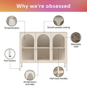 CosmoLiving Chloe Metal Accent Cabinet With 3 Arched Glass Doors - Parchment - 3 Door