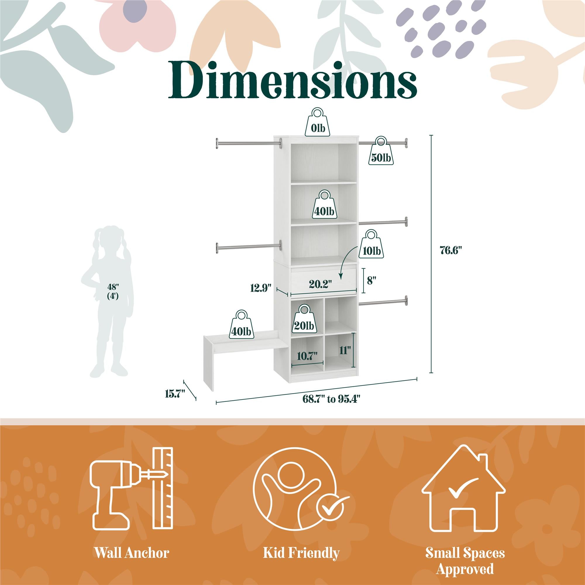 Max & Finn Grow with Me Adjustable Closet Organizer - White