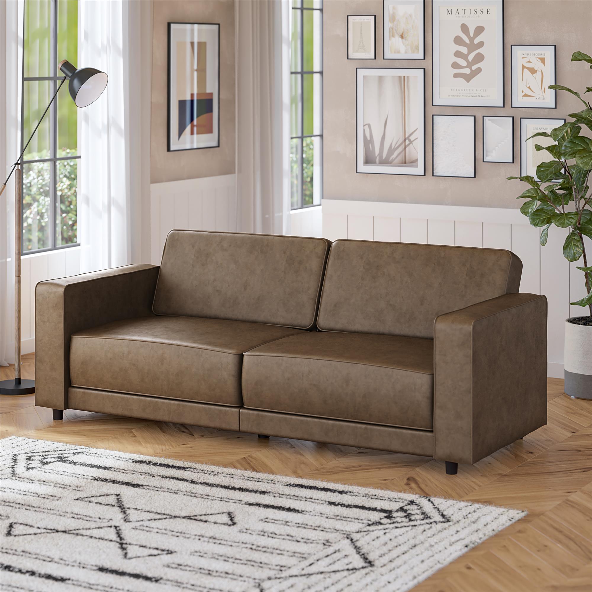 RealRooms Allie Faux Leather 82" Futon Sofa Bed, Brown - Brown Faux Leather - 3-Seater