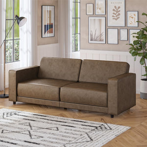 RealRooms Allie Faux Leather 82" Futon Sofa Bed, Brown - Brown Faux Leather - 3-Seater
