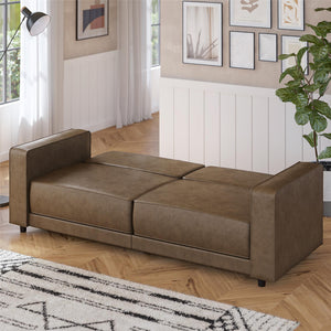 RealRooms Allie Faux Leather 82" Futon Sofa Bed, Brown - Brown Faux Leather - 3-Seater