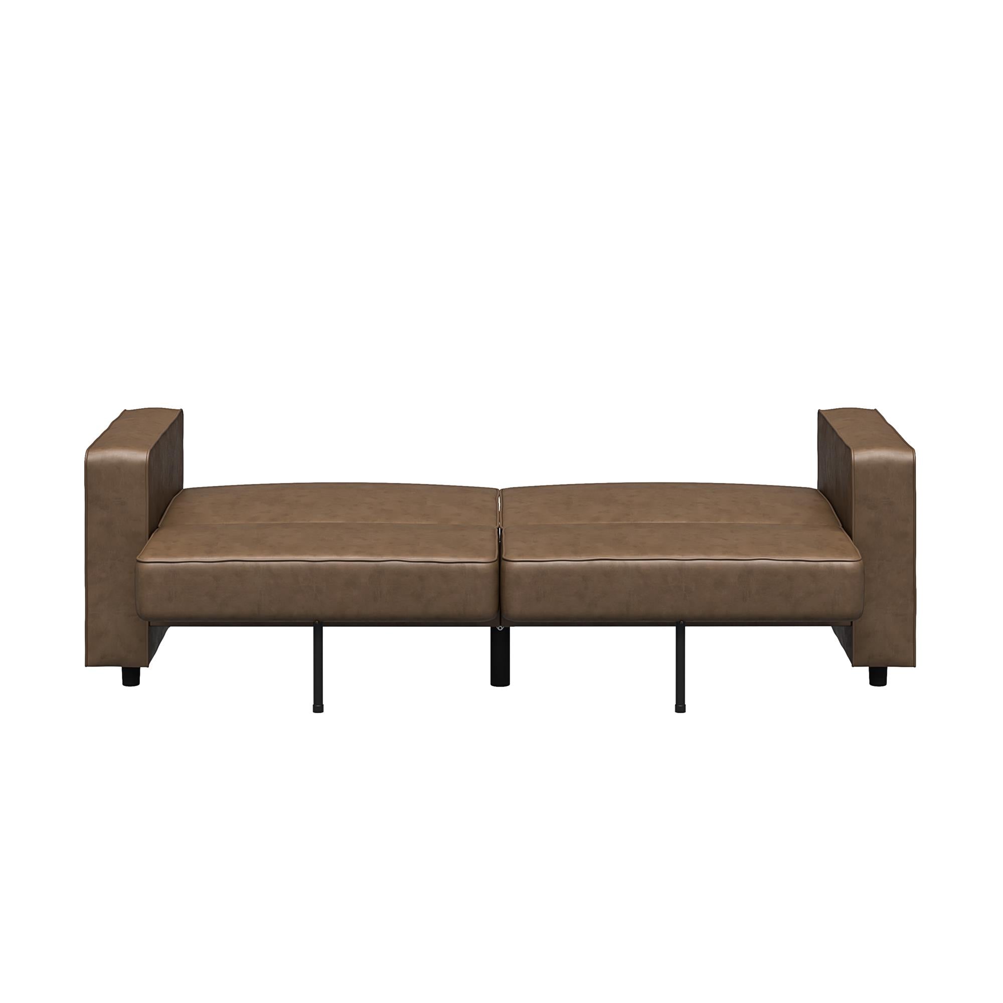 RealRooms Allie Faux Leather 82" Futon Sofa Bed, Brown - Brown Faux Leather - 3-Seater