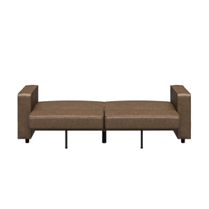 RealRooms Allie Faux Leather 82" Futon Sofa Bed, Brown - Brown Faux Leather - 3-Seater
