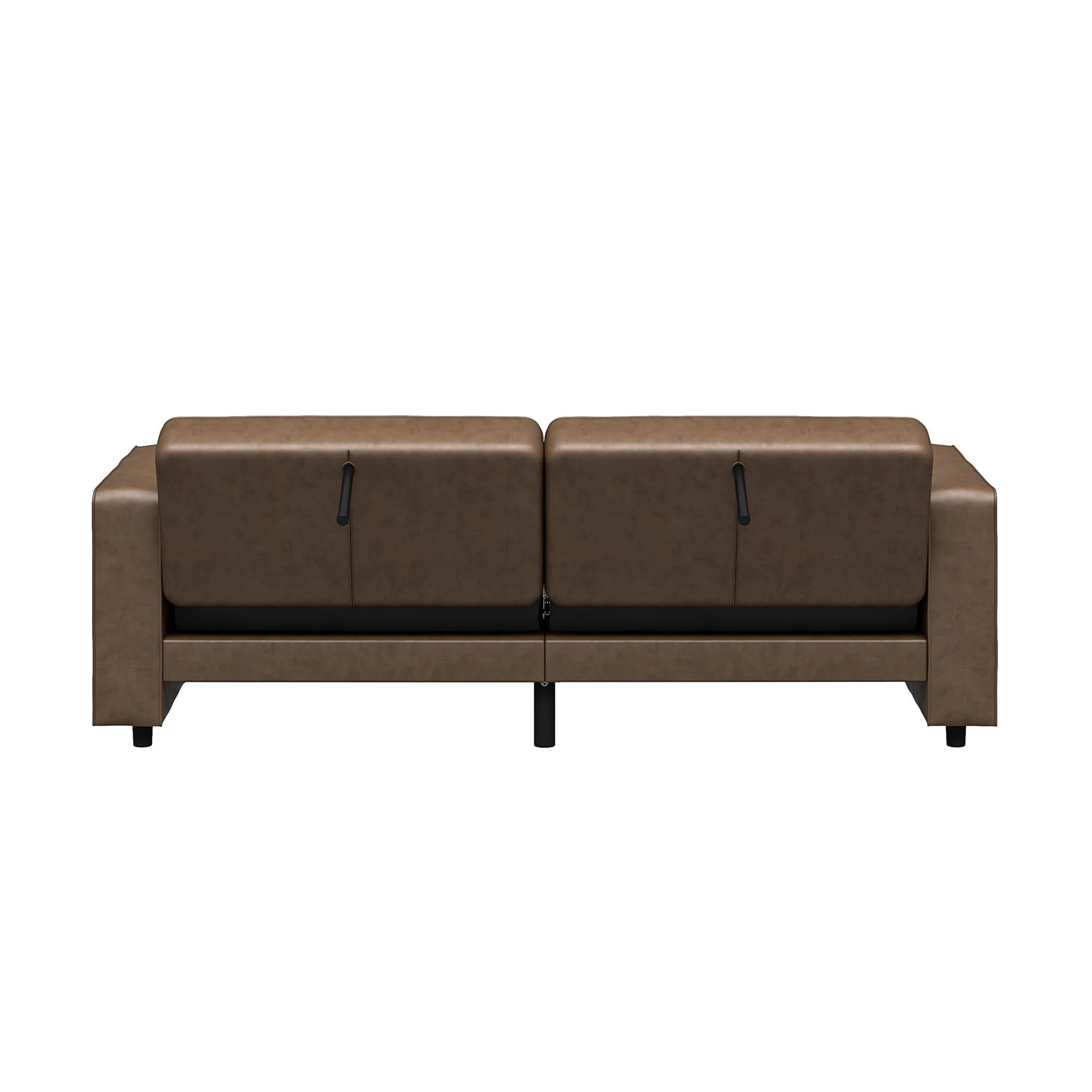 RealRooms Allie Faux Leather 82" Futon Sofa Bed, Brown - Brown Faux Leather - 3-Seater