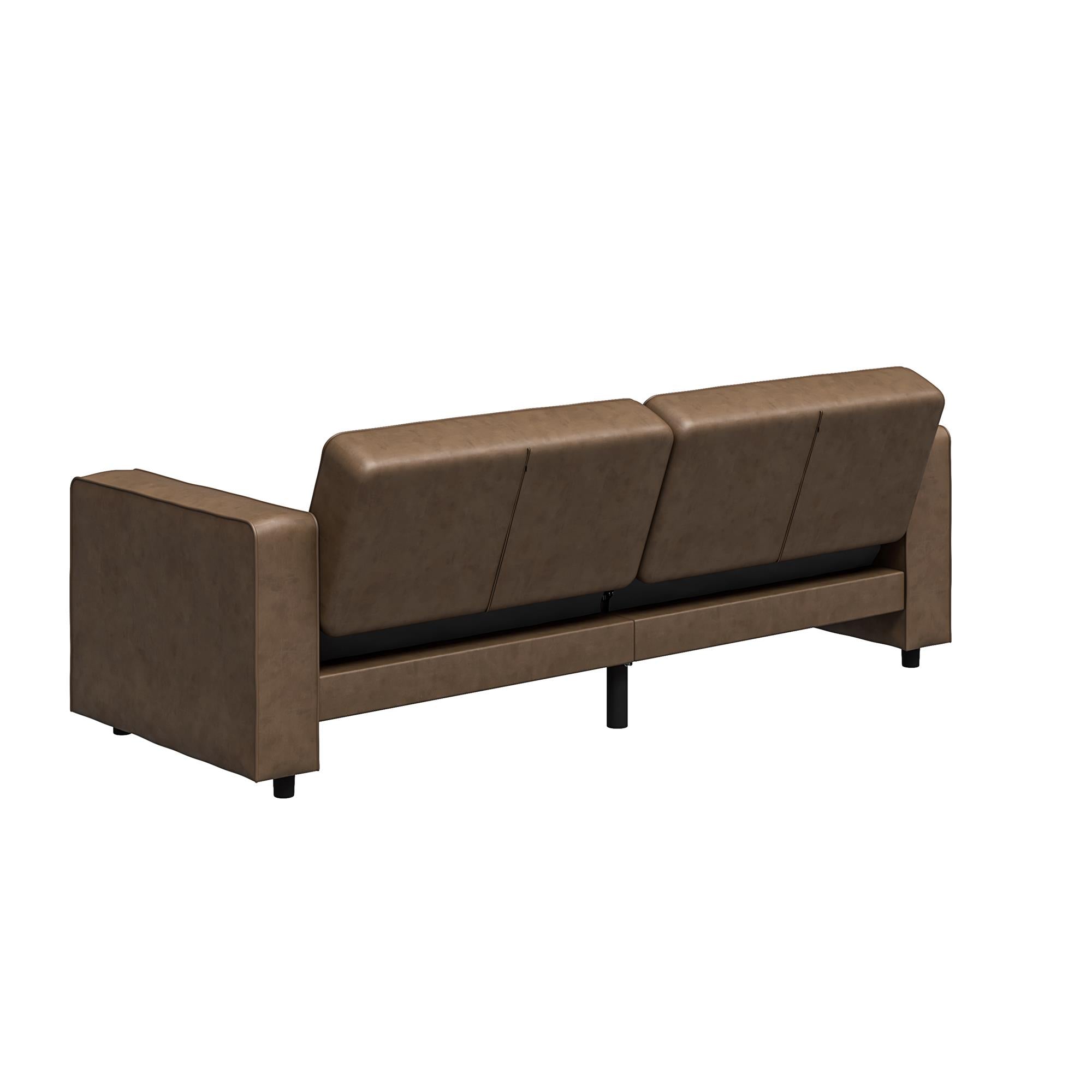 RealRooms Allie Faux Leather 82" Futon Sofa Bed, Brown - Brown Faux Leather - 3-Seater