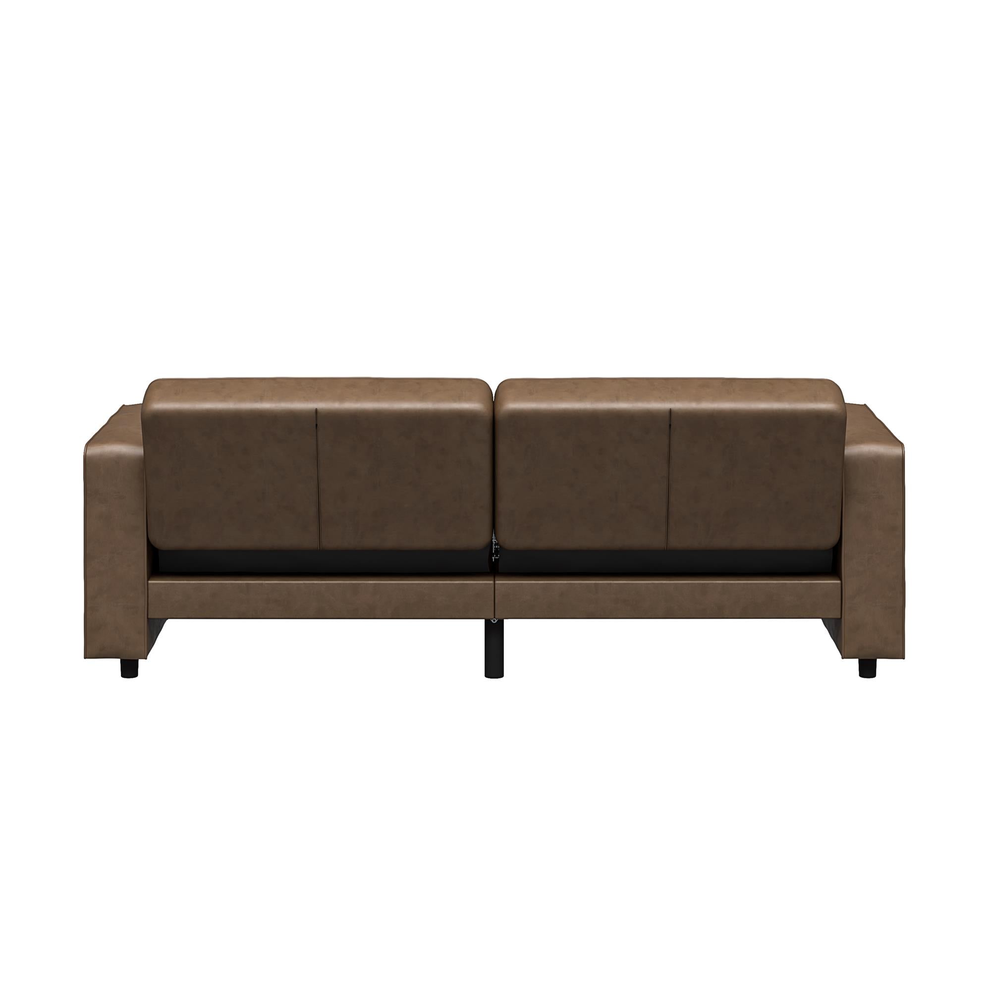 RealRooms Allie Faux Leather 82" Futon Sofa Bed, Brown - Brown Faux Leather - 3-Seater