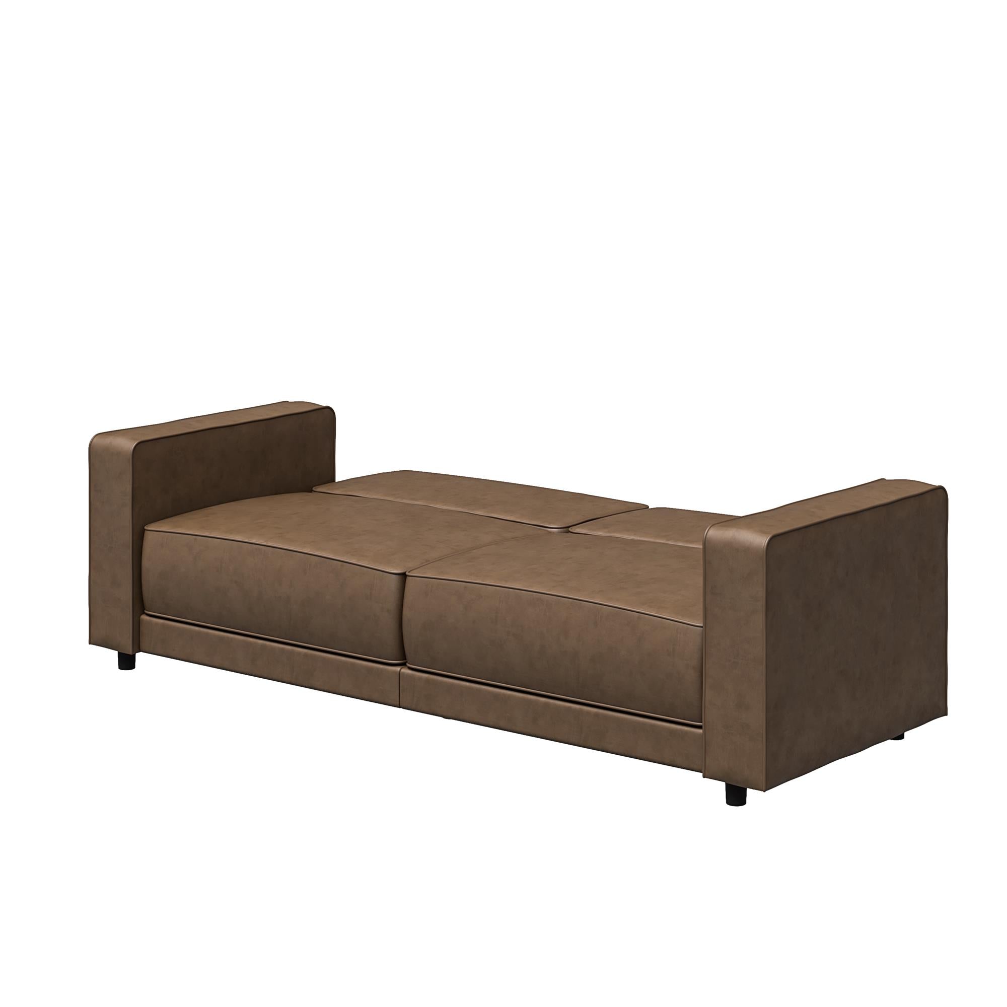 RealRooms Allie Faux Leather 82" Futon Sofa Bed, Brown - Brown Faux Leather - 3-Seater