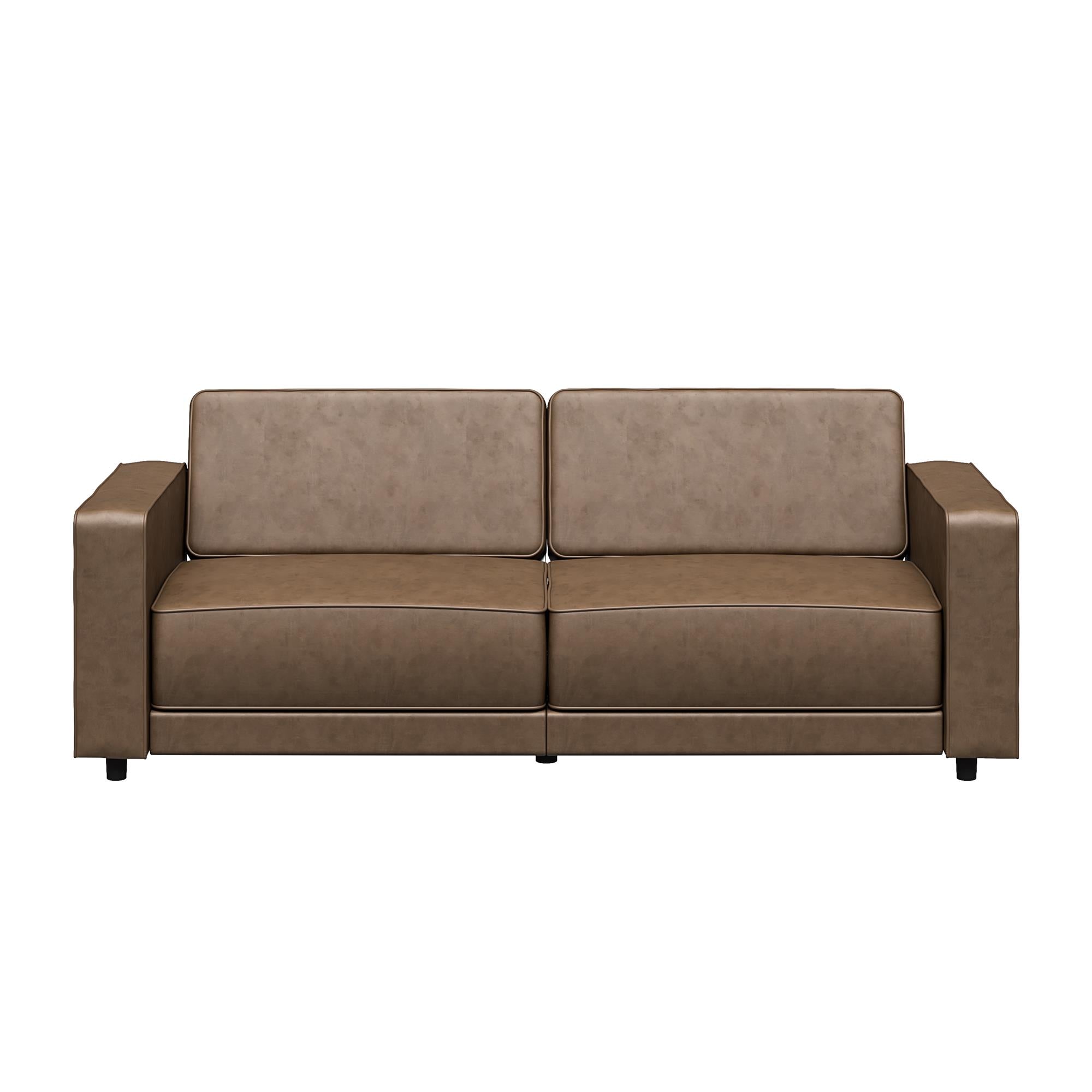 RealRooms Allie Faux Leather 82" Futon Sofa Bed, Brown - Brown Faux Leather - 3-Seater