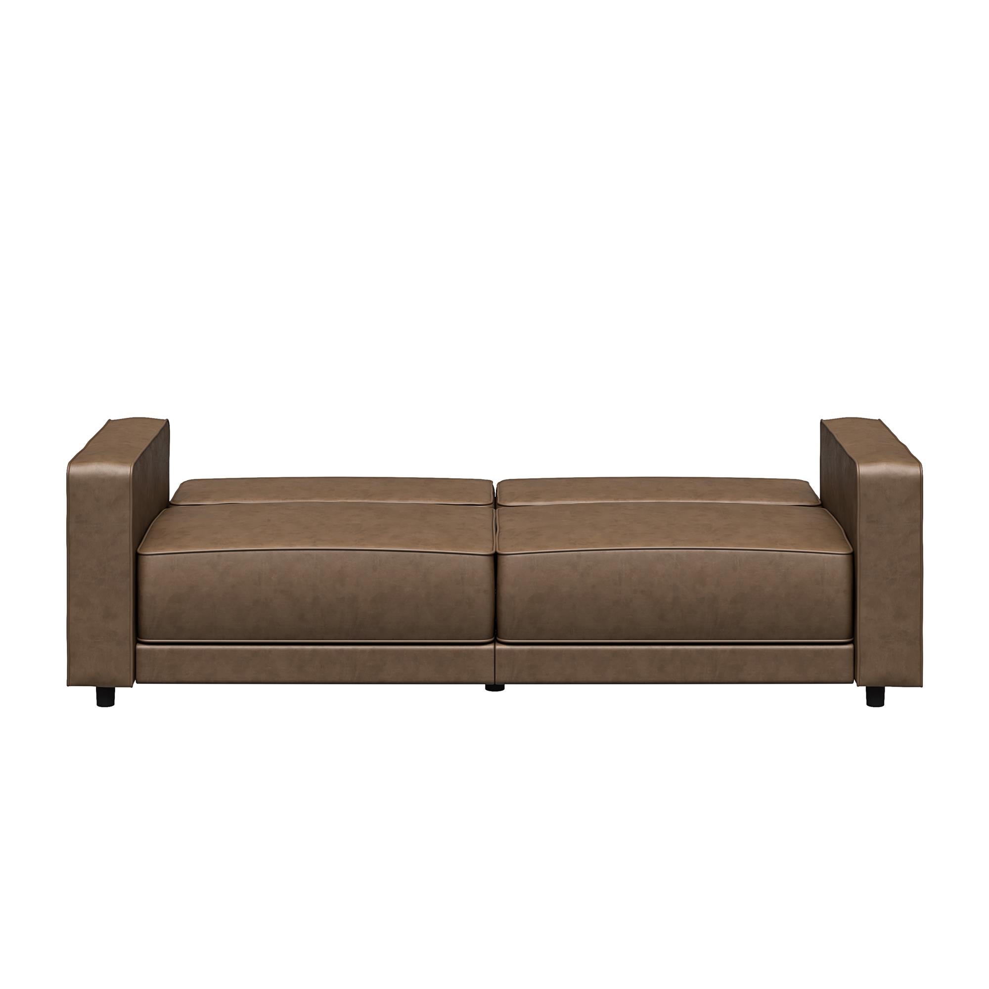RealRooms Allie Faux Leather 82" Futon Sofa Bed, Brown - Brown Faux Leather - 3-Seater