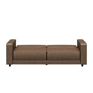RealRooms Allie Faux Leather 82" Futon Sofa Bed, Brown - Brown Faux Leather - 3-Seater