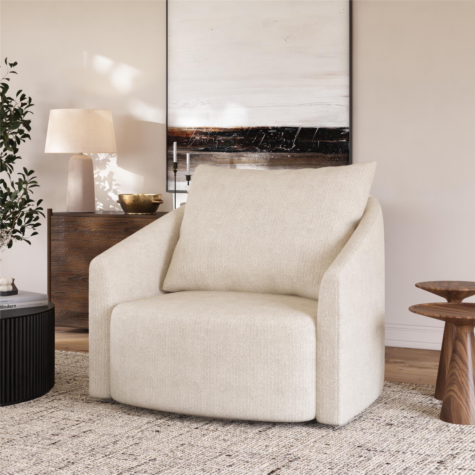 Novogratz Ines Round Swivel Accent Chair, Cream Micro Boucle - Ivory Boucle - 1-Seater