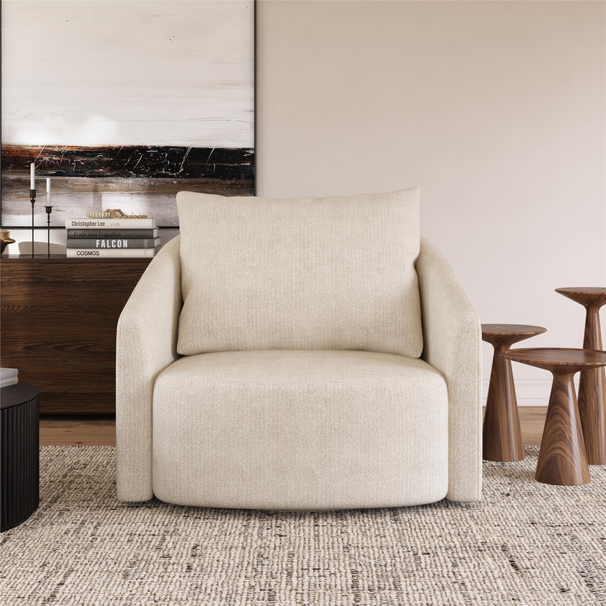 Novogratz Ines Round Swivel Accent Chair, Cream Micro Boucle - Ivory Boucle - 1-Seater