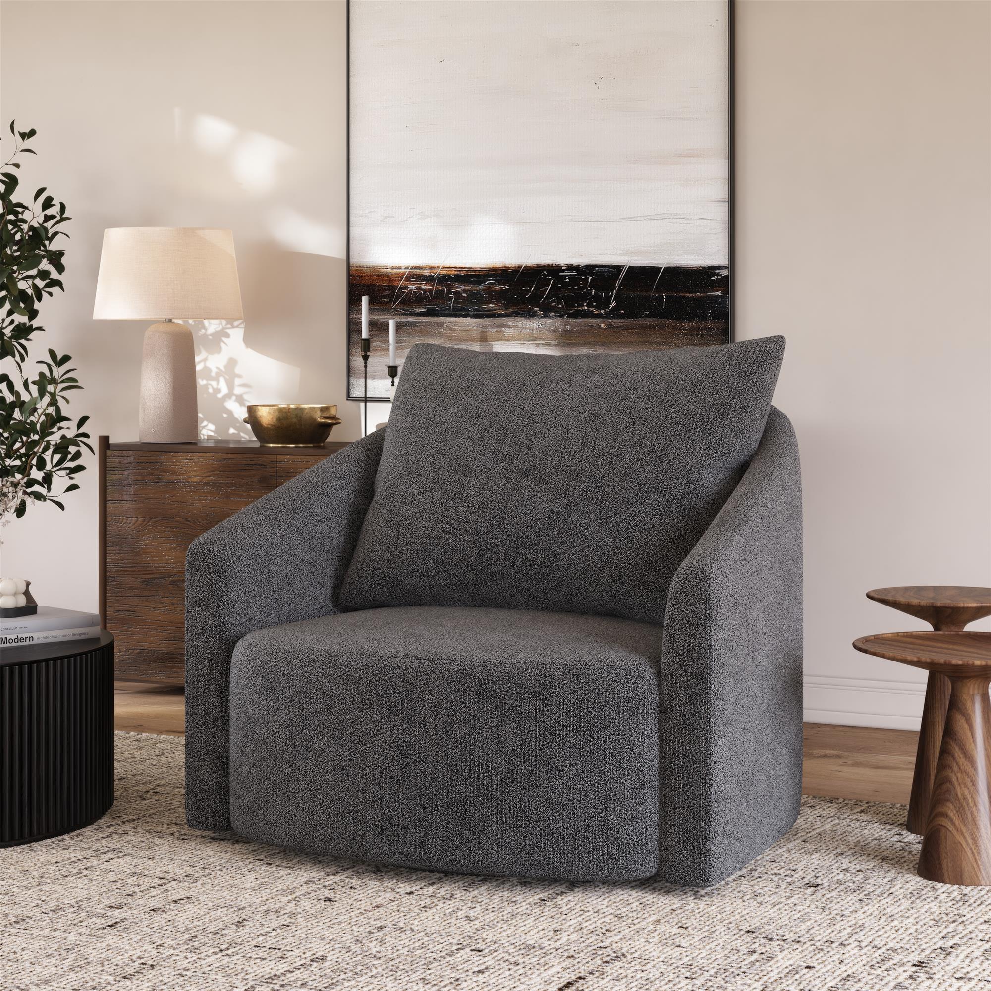 Novogratz Ines Round Swivel Accent Chair, Dark Gray Micro Boucle - Dark Gray - 1-Seater