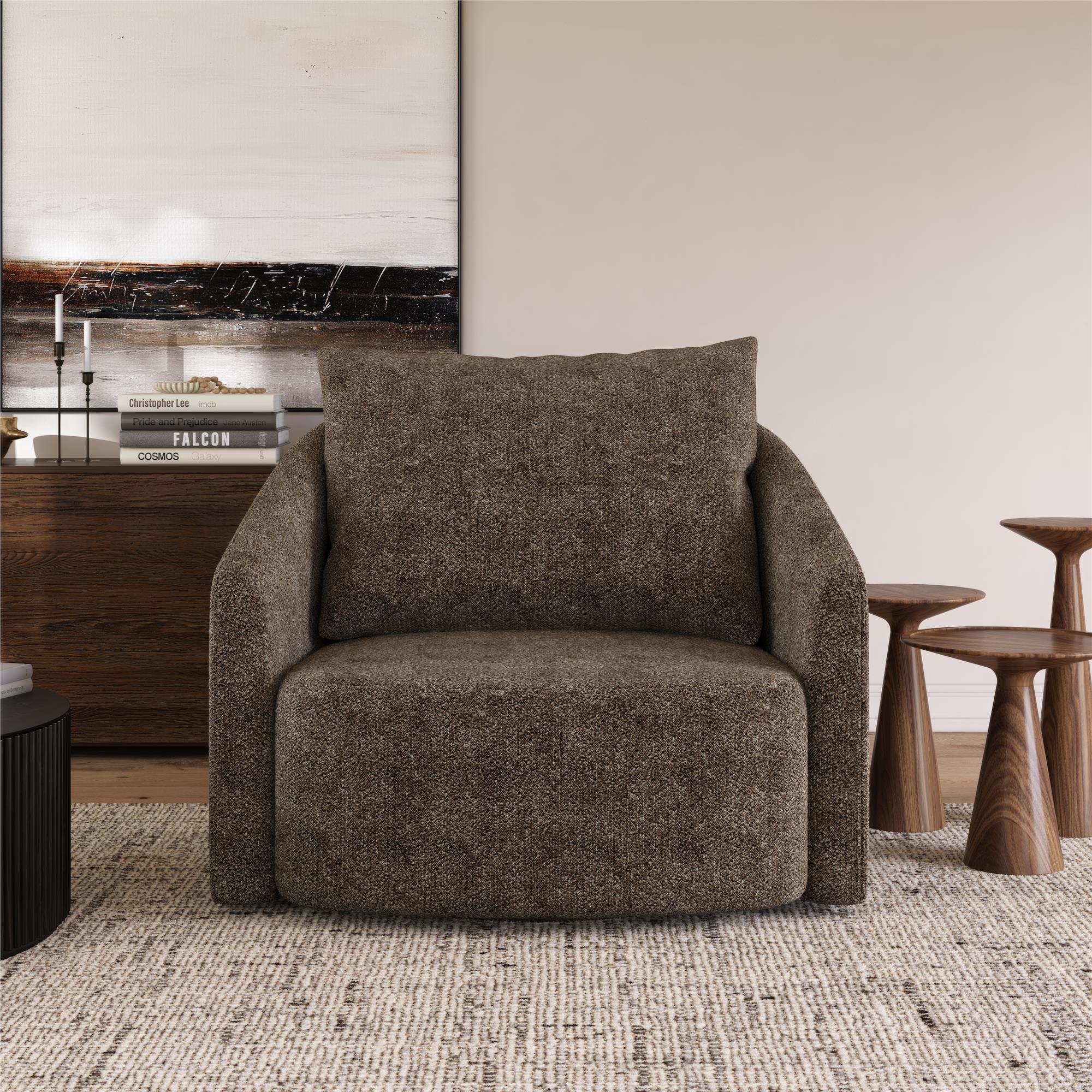 Novogratz Ines Round Swivel Accent Chair, Brown Micro Boucle - Tan - 1-Seater