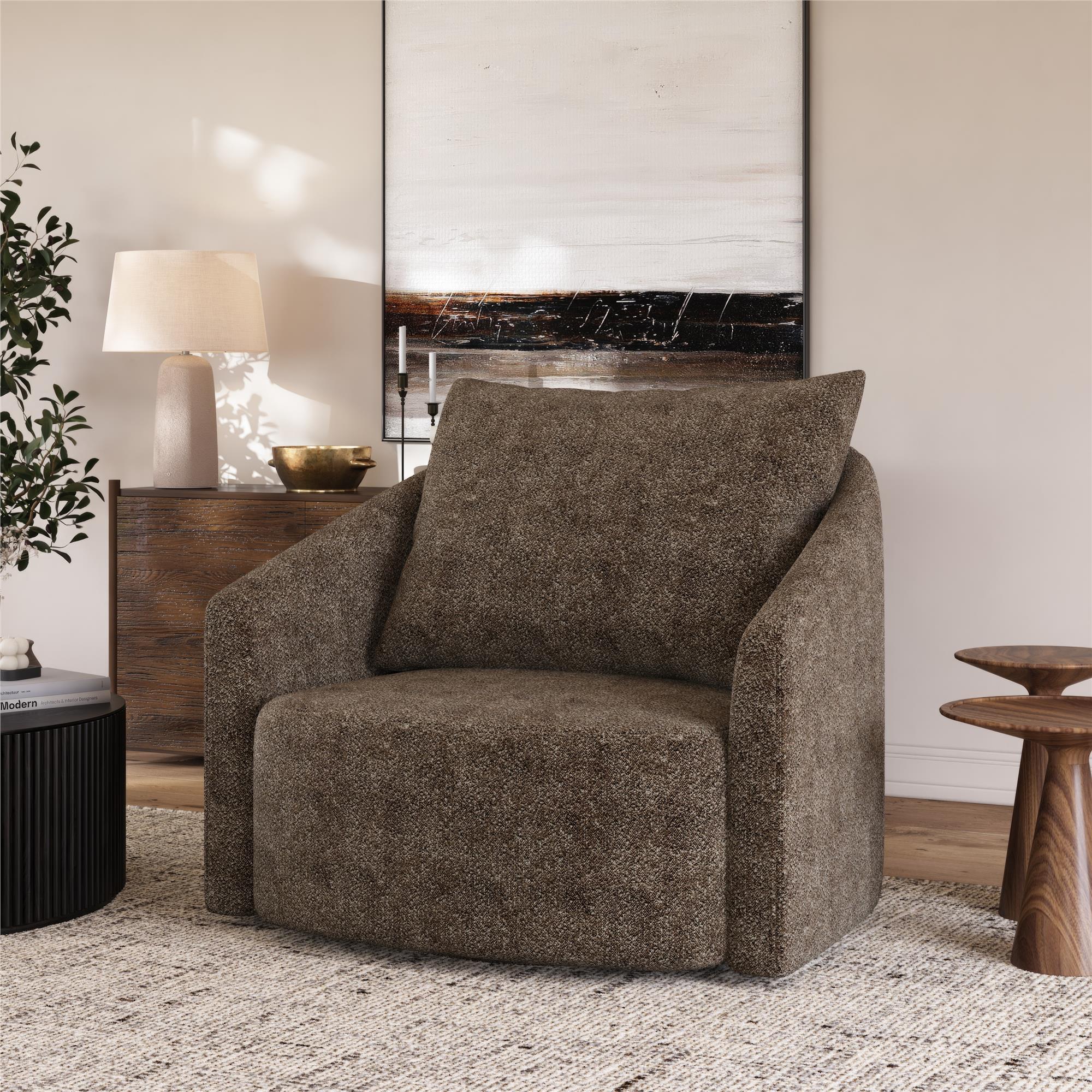 Novogratz Ines Round Swivel Accent Chair, Brown Micro Boucle - Tan - 1-Seater
