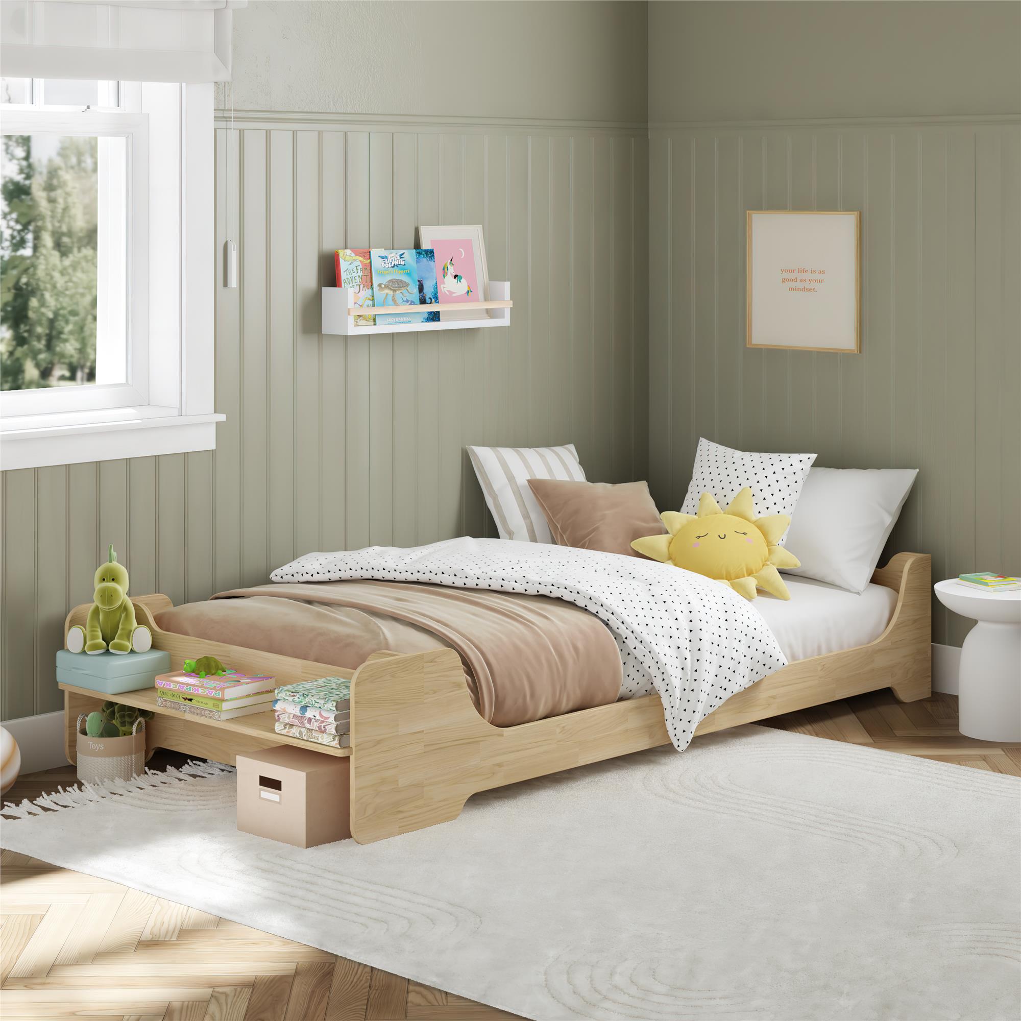 Max & Finn Murdock Montessori Floor Bed with Shelf, Twin, Natural - Natural - Twin