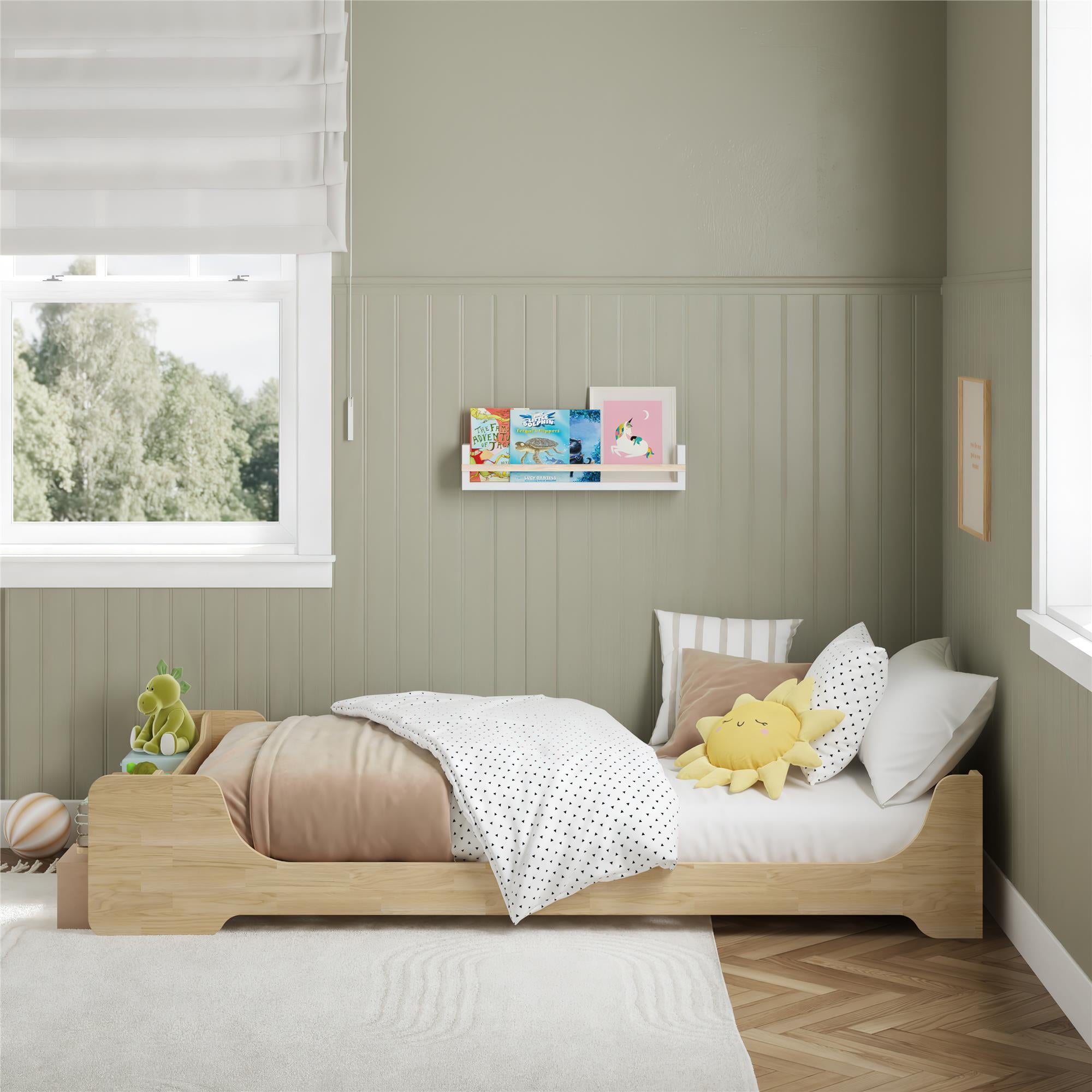 Max & Finn Murdock Montessori Floor Bed with Shelf, Twin, Natural - Natural - Twin
