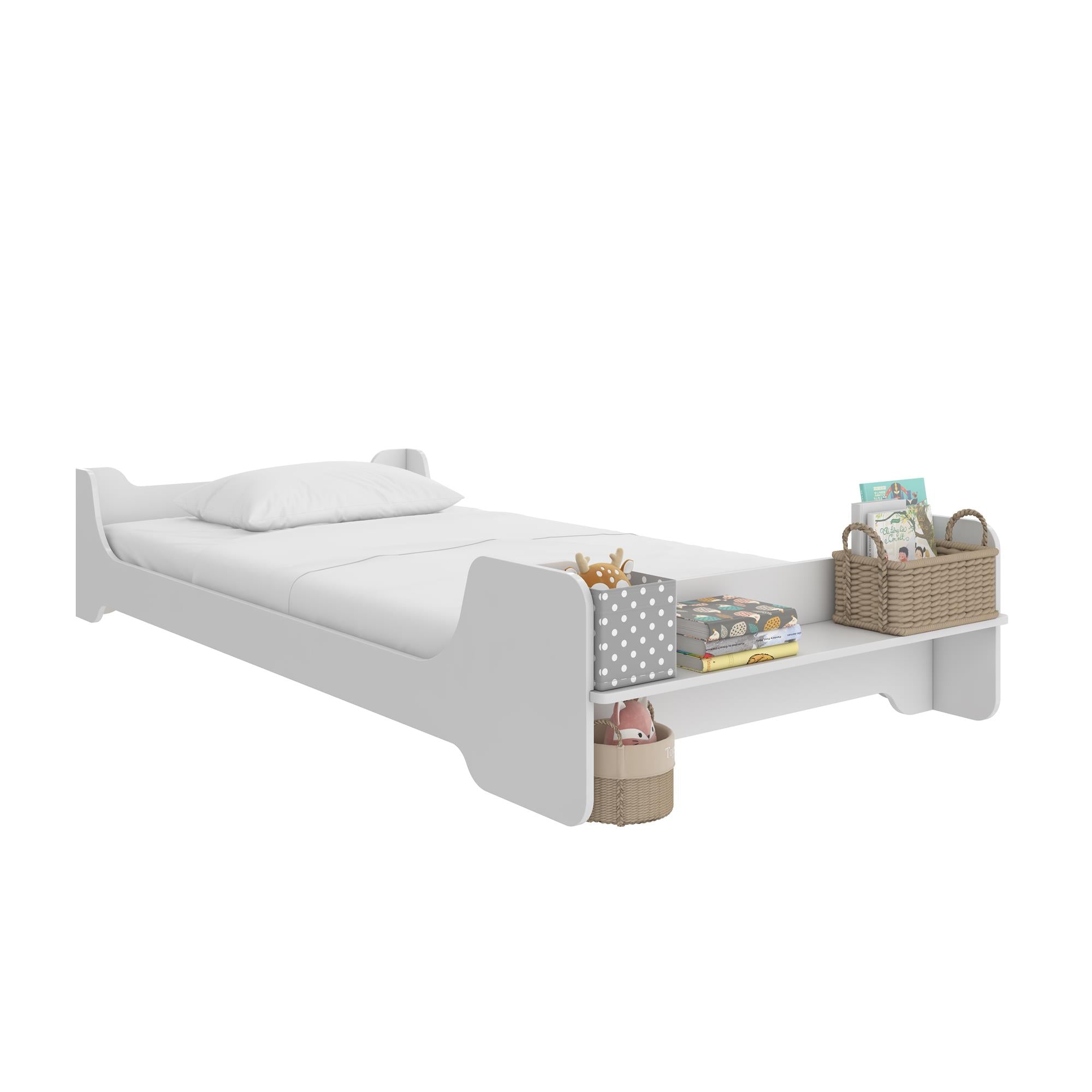 Max & Finn Murdock Montessori Floor Bed with Shelf, Twin, White - White - Twin