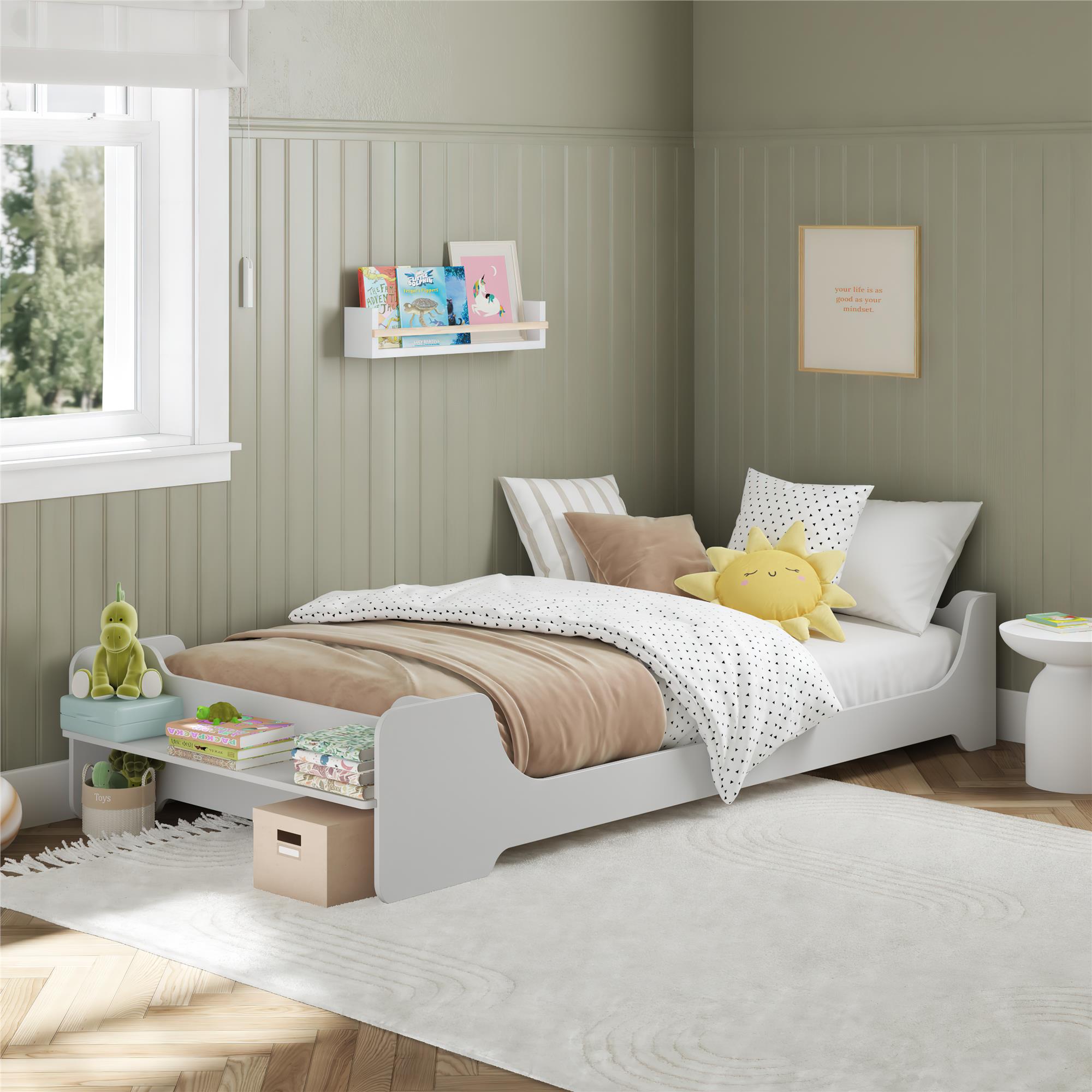 Max & Finn Murdock Montessori Floor Bed with Shelf, Twin, White - White - Twin