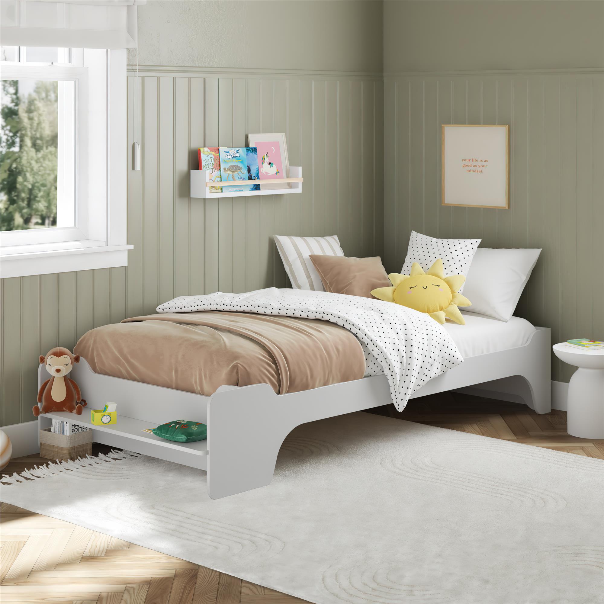 Max & Finn Murdock Montessori Floor Bed with Shelf, Twin, White - White - Twin