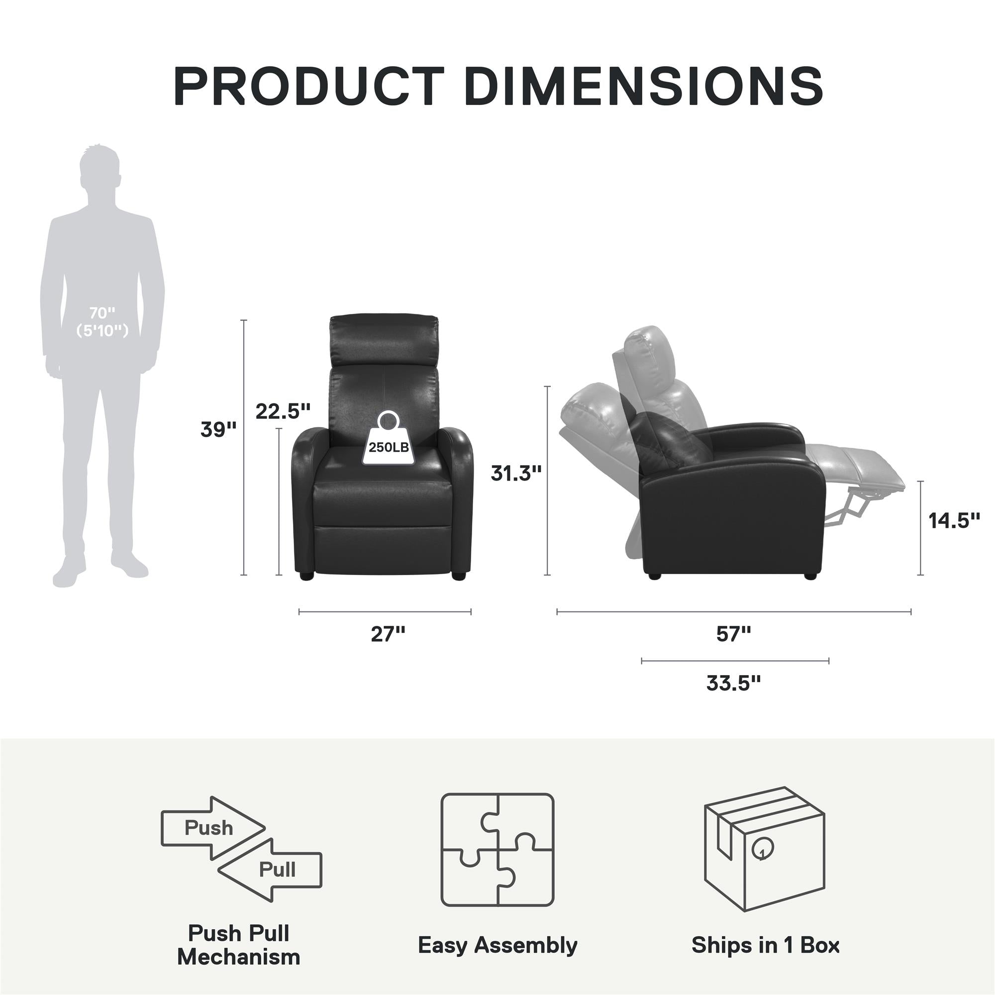 DHP Bobby Pushback Recliner Chair, Black Faux Leather - Black Faux Leather
