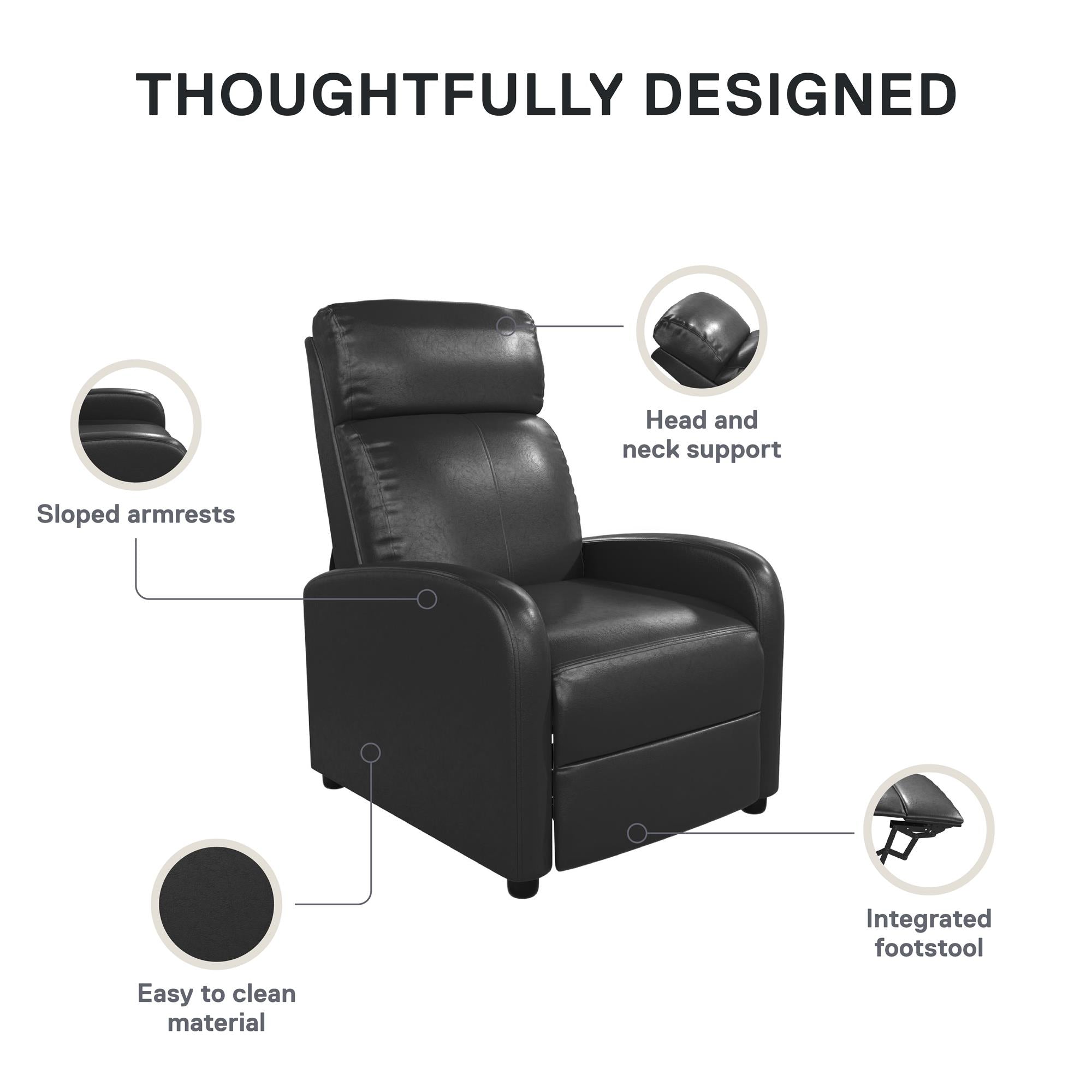 DHP Bobby Pushback Recliner Chair, Black Faux Leather - Black Faux Leather