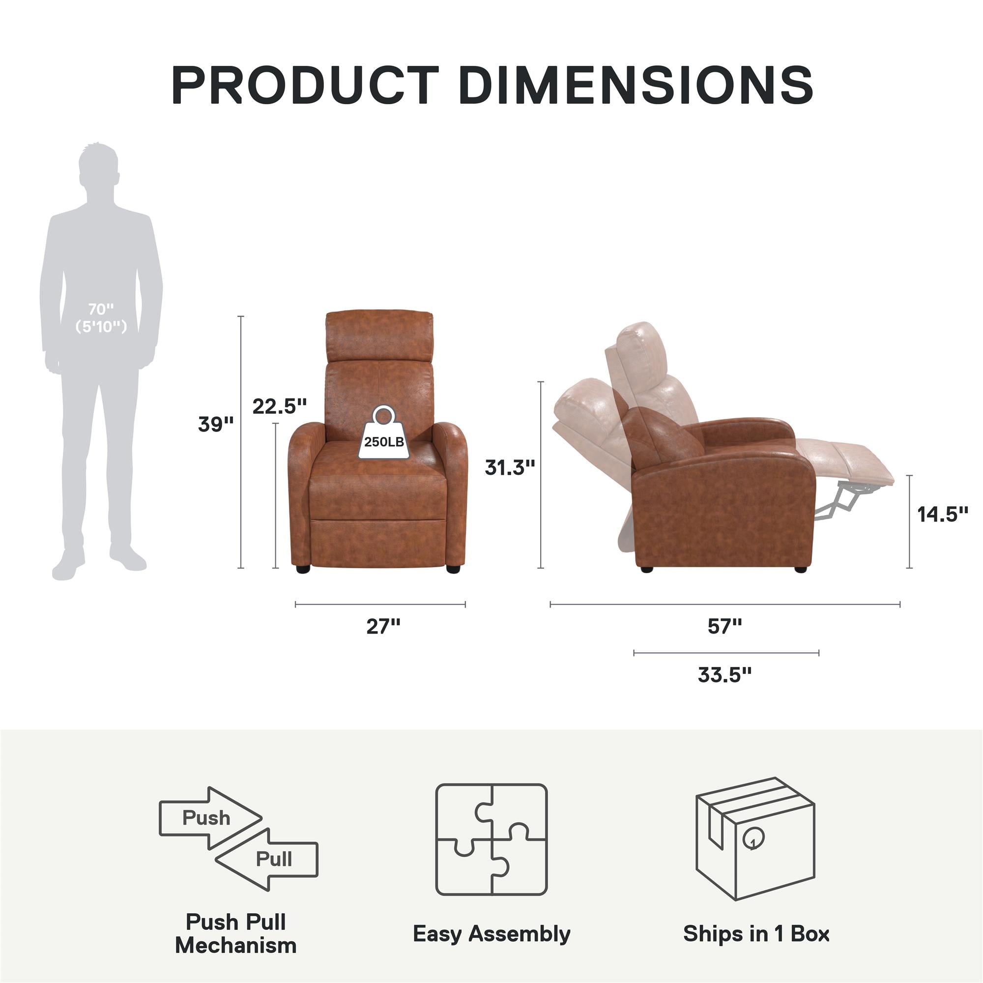 DHP Bobby Pushback Recliner Chair, Camel Faux Leather - Camel Faux Leather